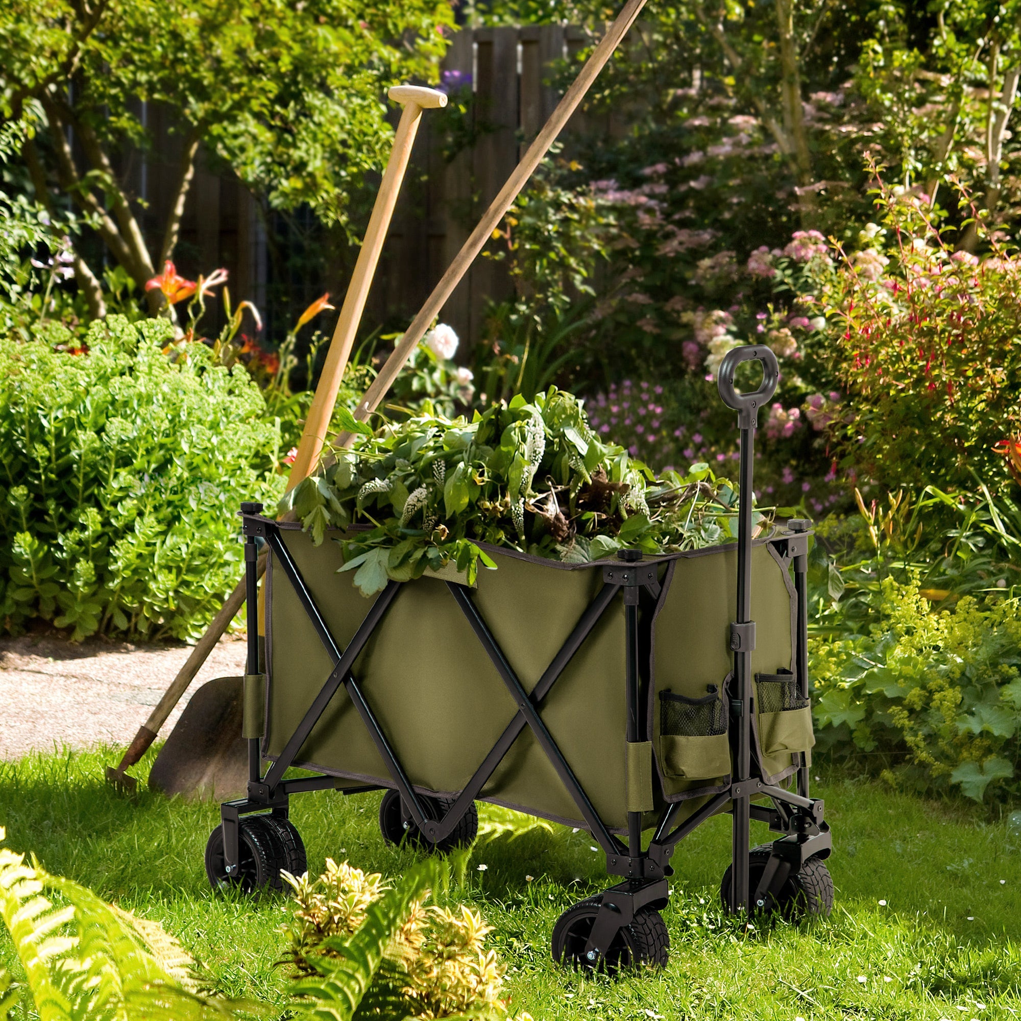 Folding Garden Trolley, Cargo Traile on Wheels, Collapsible Camping Trolley, Outdoor Utility Wagon with Steel Frame and Oxford Fabric, Green