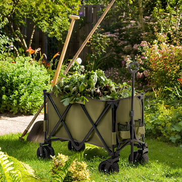 Folding Garden Trolley, Cargo Traile on Wheels, Collapsible Camping Trolley, Outdoor Utility Wagon with Steel Frame and Oxford Fabric, Green