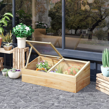 Wooden Cold Frame Greenhouse Garden Polycarbonate Grow House with Independent Openable Top Covers for Flowers, Vegetables, Plants, 100 x 50 x 36 cm, Natural