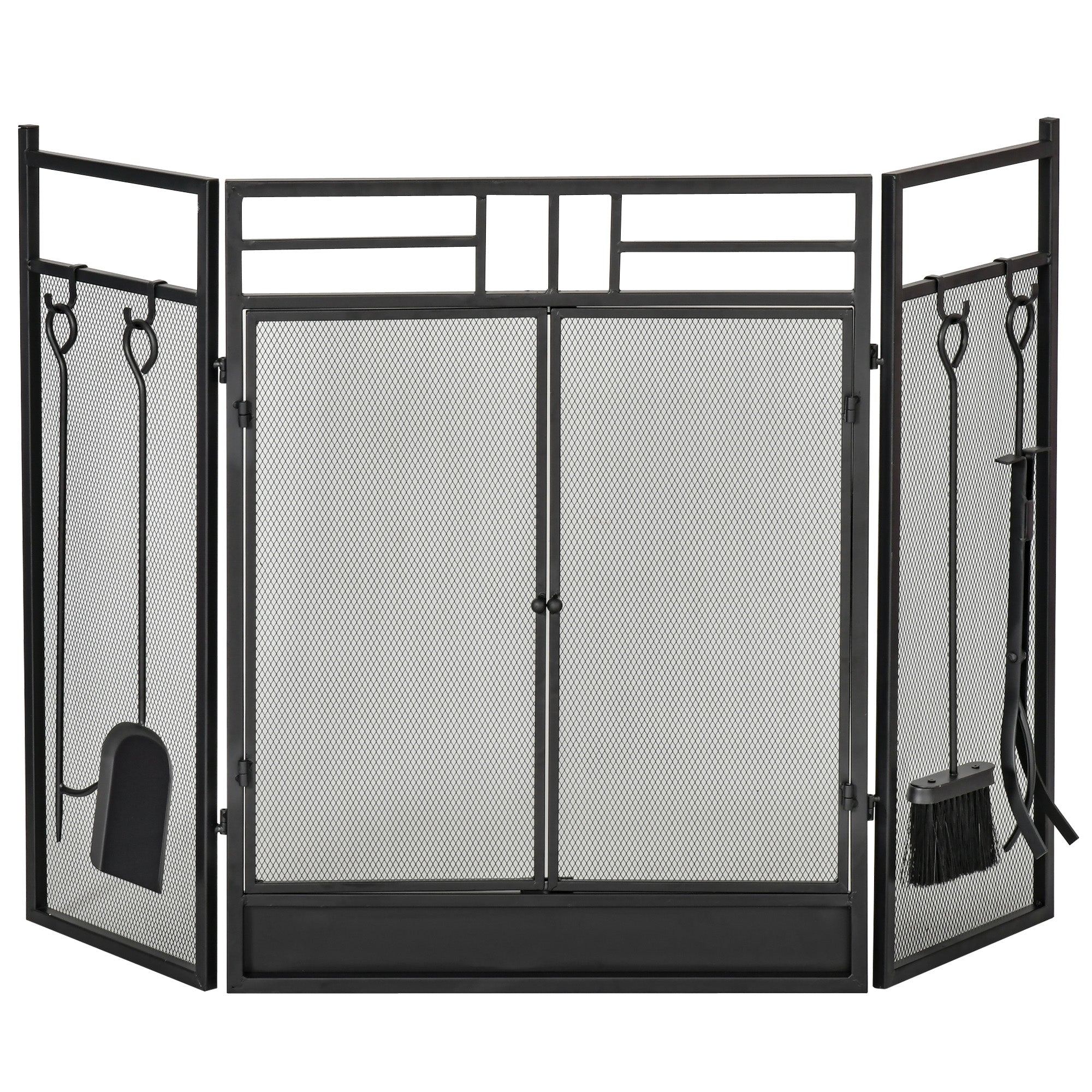 3 Panel Folding Fireplace Screen with 4 Tools Set, Steel Mesh Spark Guard with Double Door for Open Fire, Log Burner, 122W x 80H cm, Black