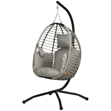 Single Rattan Hanging Egg Chair, with Seat Cushion - Grey