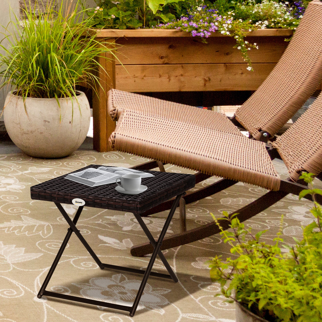 Folding Rattan Garden Coffee Table, Small Square Outdoor Bistro Side Table with Rattan Top for Patio, Balcony, Porch, 40 x 40 x 40 cm, Brown