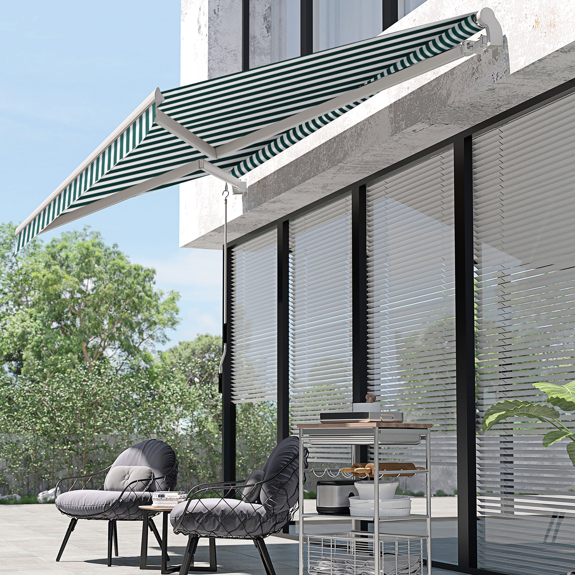 3 x 2.5m Patio Awning, Anti-UV and Waterproof Sun Shade Canopy with Chain Drive and Hand Crank, Green/White Stripes