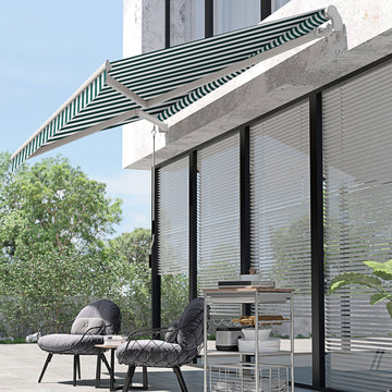 3 x 2.5m Patio Awning, Anti-UV and Waterproof Sun Shade Canopy with Chain Drive and Hand Crank, Green/White Stripes