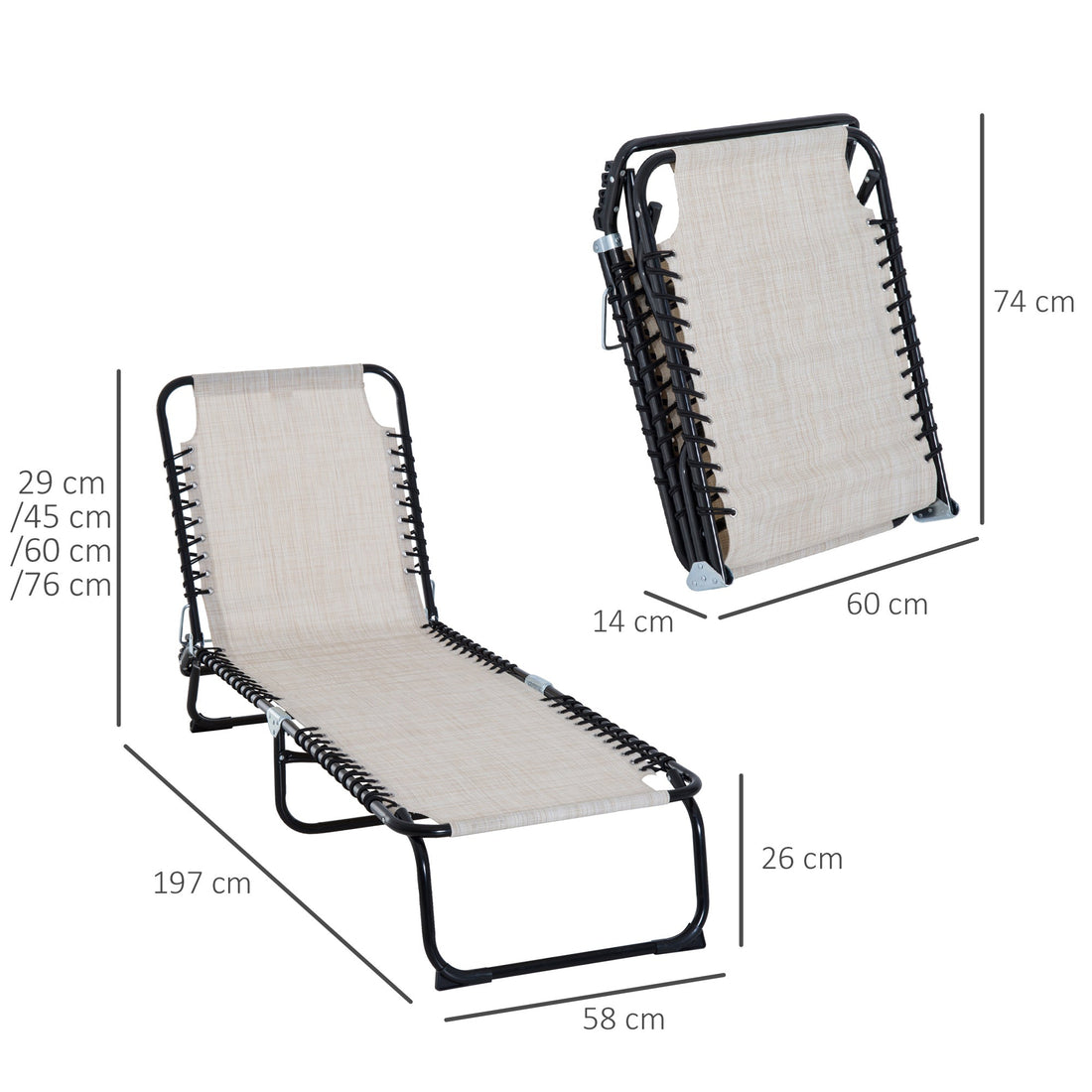Foldable Sun Lounger, Outdoor 4 Level Adjustable Backrest Reclining Chaise Chair, Steel Frame Recliner Chair for Camping, Hiking, Cream White