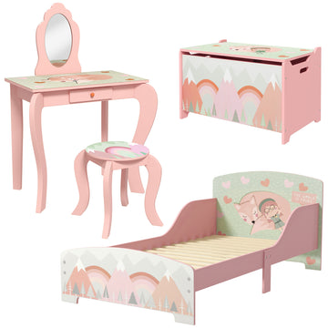 Kids Bedroom Furniture Set Includes Bed Frame, Toy Chest, Dressing Table for Ages 3-6 Years, Pink
