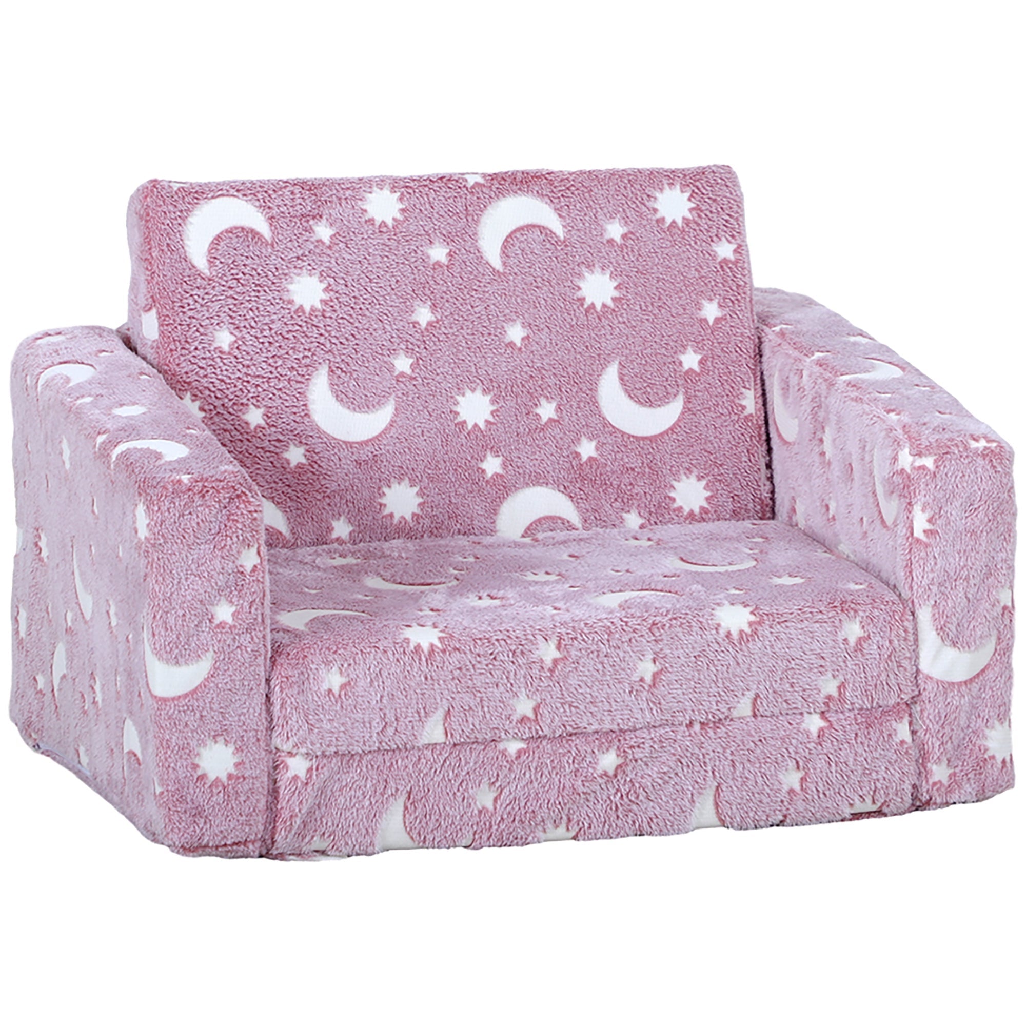 2 in 1 Kids Folding Bed Armchair with Glow in The Dark Cosmic Design, Washable Cushion and Cover, Pink