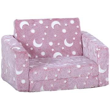 2 in 1 Kids Folding Bed Armchair with Glow in The Dark Cosmic Design, Washable Cushion and Cover, Pink
