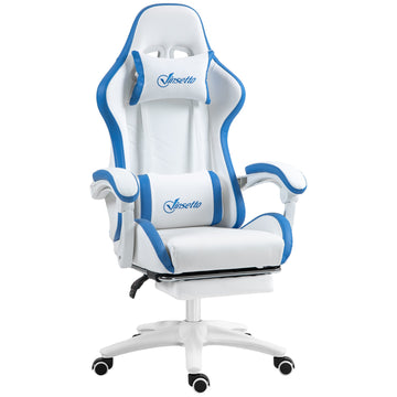 Computer Gaming Chair, PU Leather Desk Chair with Footrest, Swivel Task Chair with 135° Reclining Back and Lumbar Support, PC Chair for Adults, White and Blue