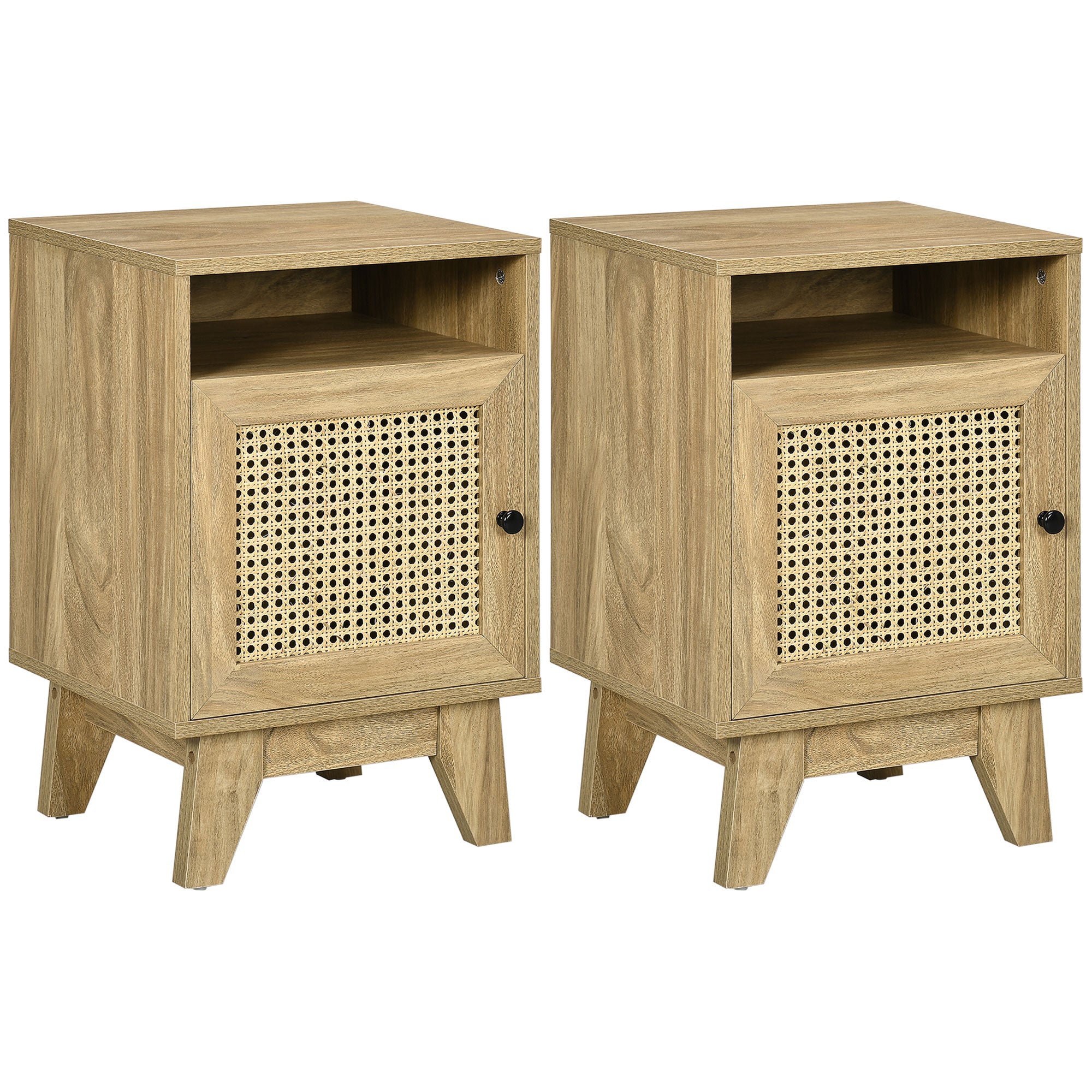 2-Piece Narrow Rattan Nightstands, Side End Table with Shelf and Cupboard, 39cm x 35cm x 60cm, Natural
