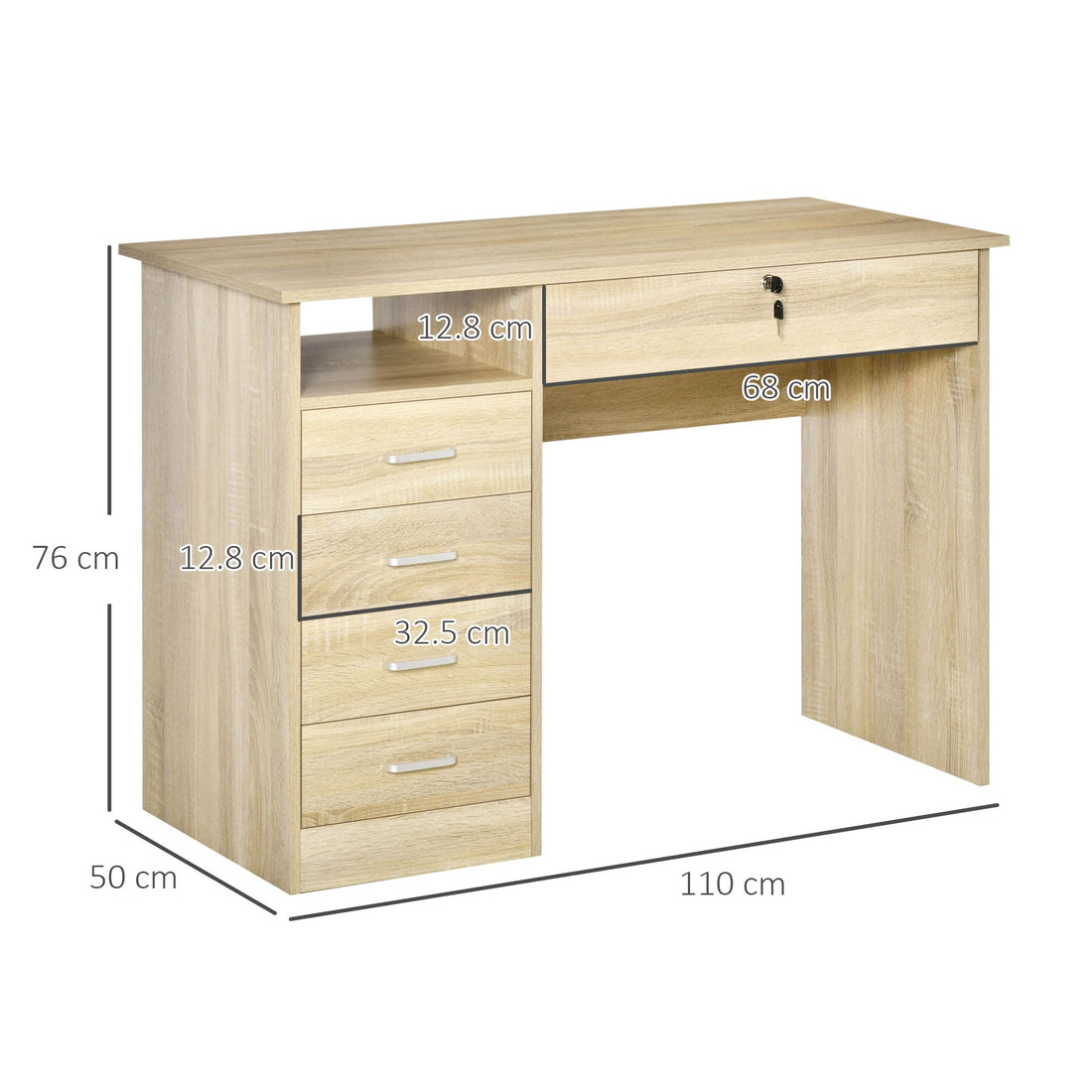 Computer Desk, Home Office Desk with Lockable Drawer, Storage Shelf for Study Bedroom, 110 x 50 x 76 cm, Oak