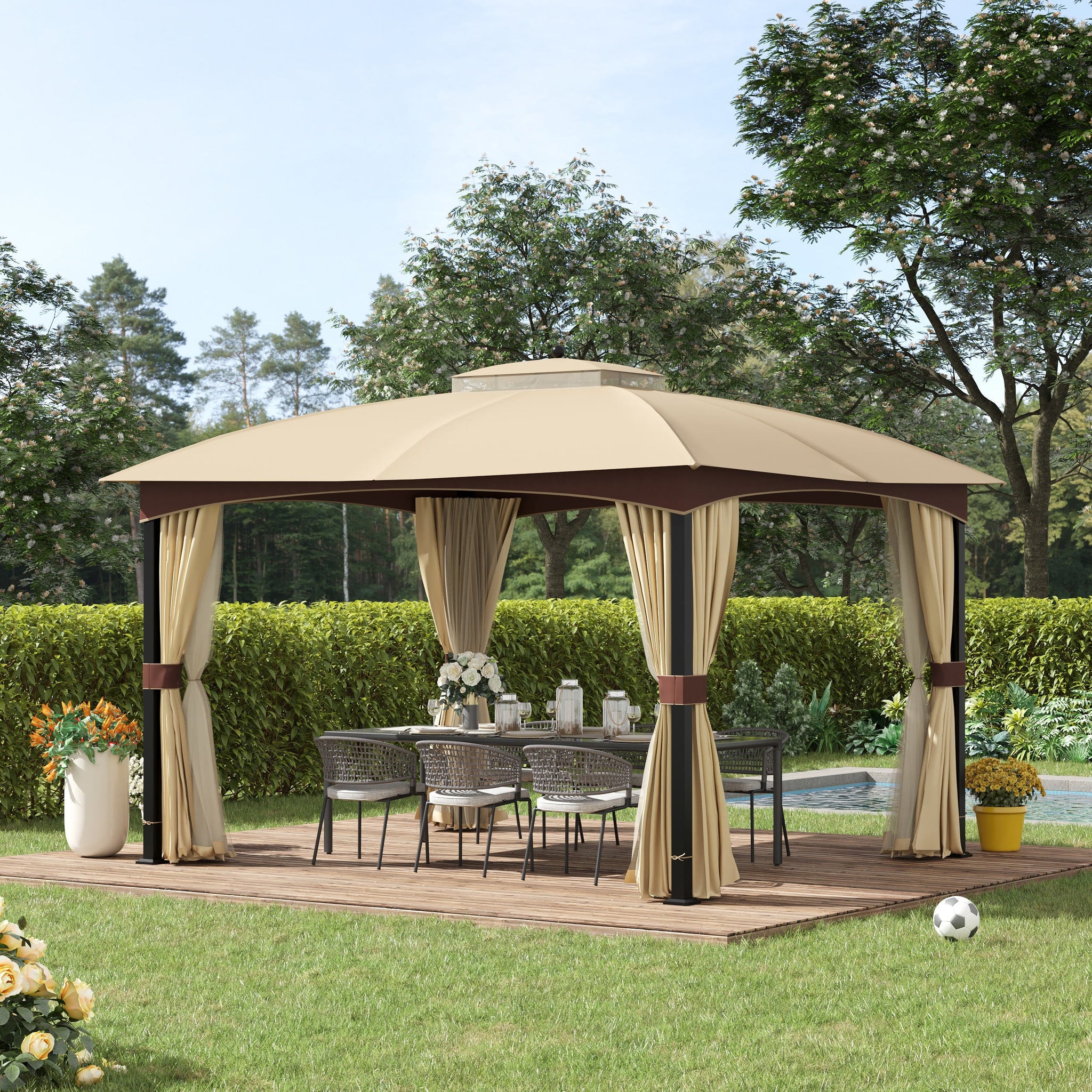 4 x 3(m) Patio Metal Gazebo, Garden Canopy Shelter with Double Tier Roof, Removable Netting and Curtains Marquee Tent, Khaki