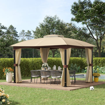 4 x 3(m) Patio Metal Gazebo, Garden Canopy Shelter with Double Tier Roof, Removable Netting and Curtains Marquee Tent, Khaki