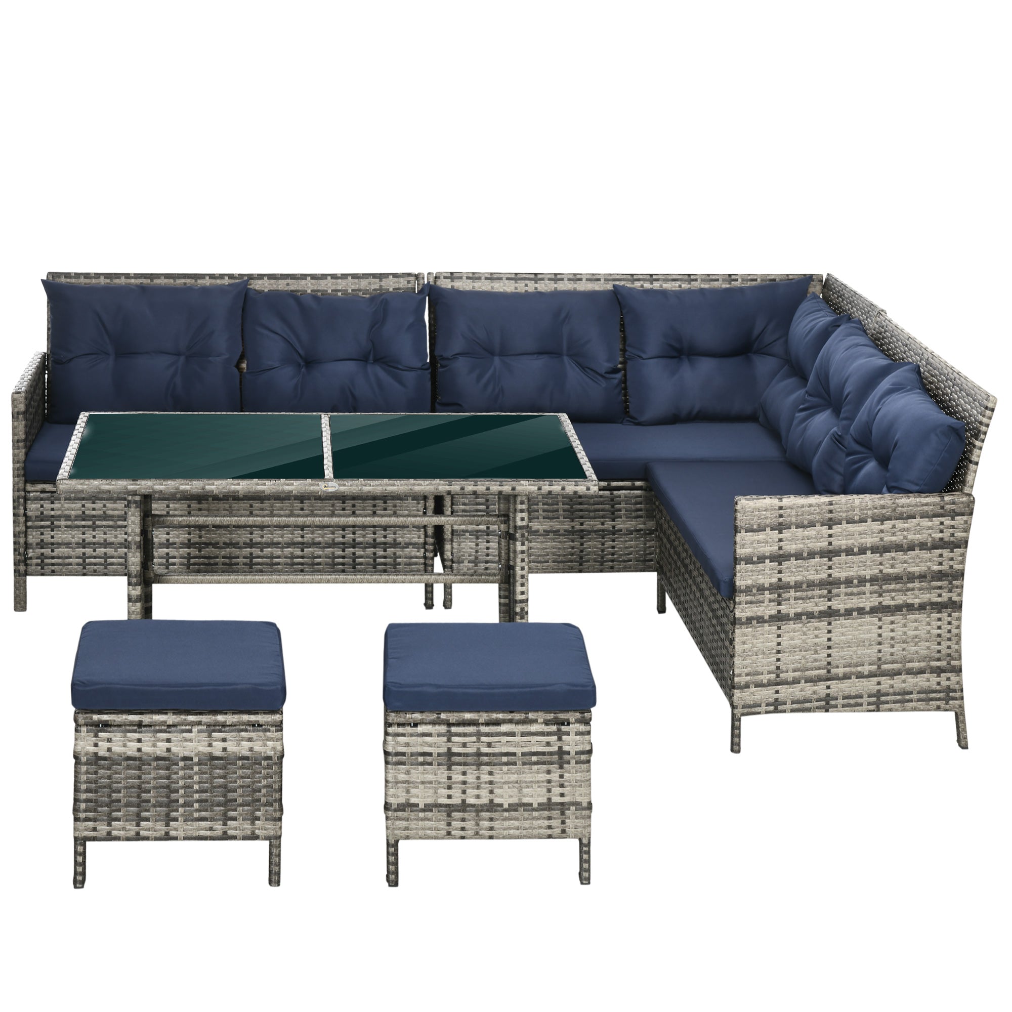 7-Seater Patio wicker Sofa Set Rattan Chair Furniture w/ Glass & Cushioned, Dark Blue