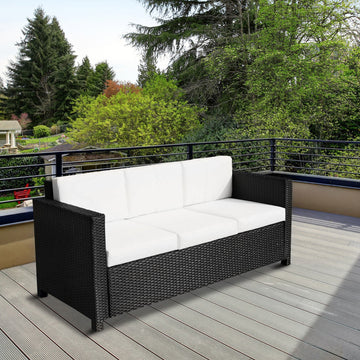 3 Seater Rattan Sofa All-Weather Wicker Weave Metal Frame Chair with Fire Resistant Cushion, Black