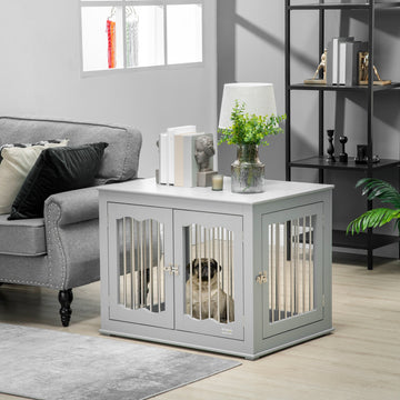 Dog Crate End Table Furniture Style Dog Cage w/ Three Doors, Locks and Latches - Grey