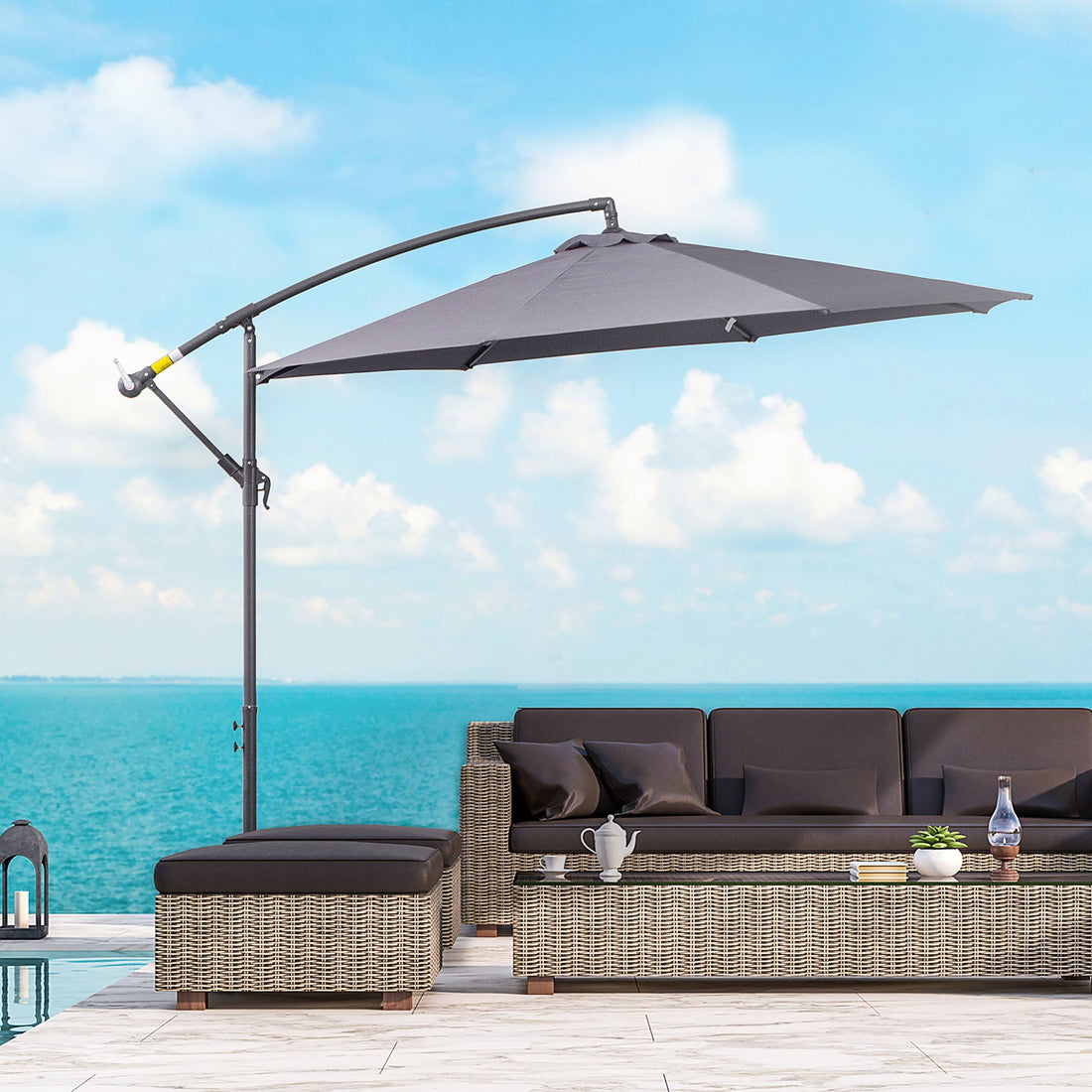 3(m) Garden Parasol Sun Shade Patio Banana Hanging Umbrella Cantilever with Crank Handle and Cross Base Grey