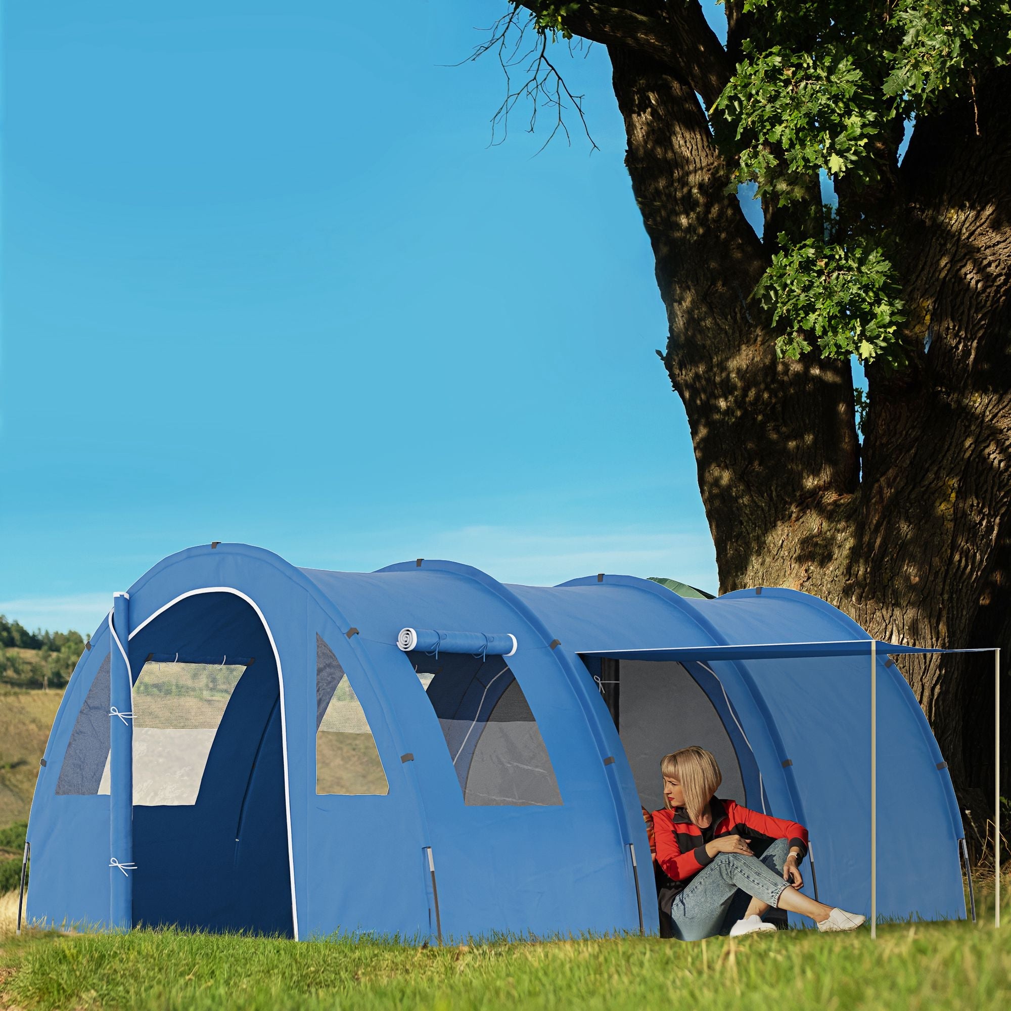 5-6 Man Camping Tent with 2 Room, Floor and Carry Bag - Blue