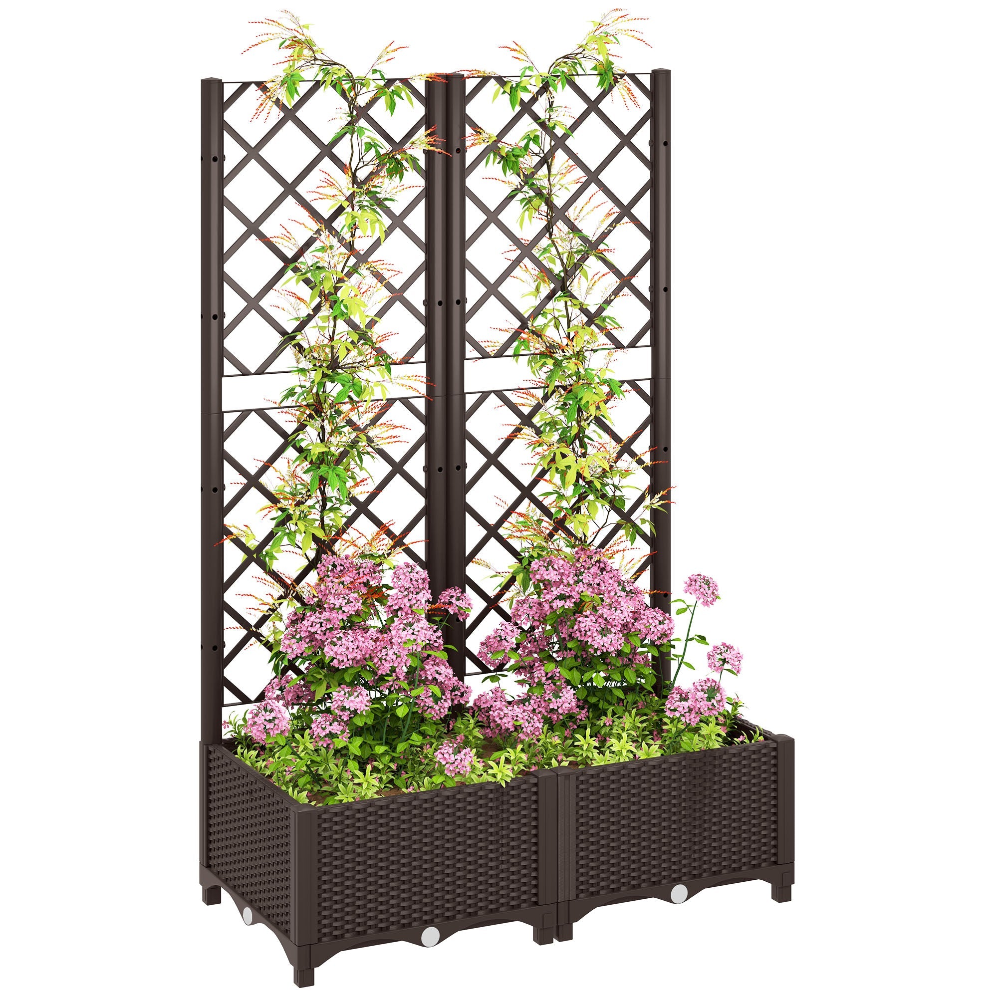 Raised Garden Bed with Trellis, Plastic Planter Box with Drainage Holes and Drain Plugs for Climbing Plants, Vegetables, Flowers, Brown