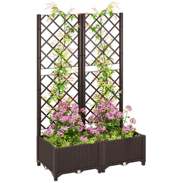 Raised Garden Bed with Trellis, Plastic Planter Box with Drainage Holes and Drain Plugs for Climbing Plants, Vegetables, Flowers, Brown