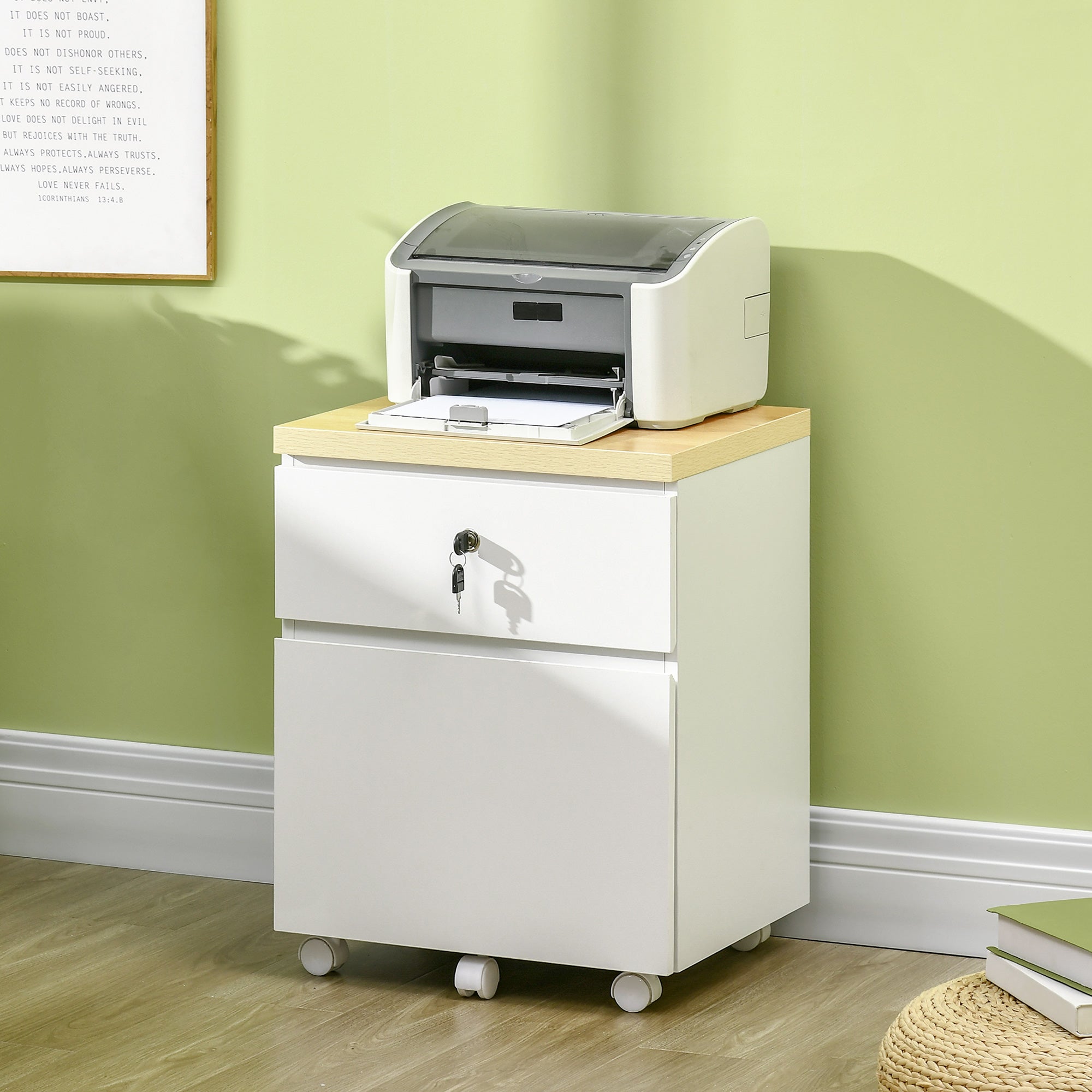 2-Drawer Filing Cabinet with Lock, Mobile File Cabinet with Hanging Bars for Legal Size and Wheels, Home Office Study, White