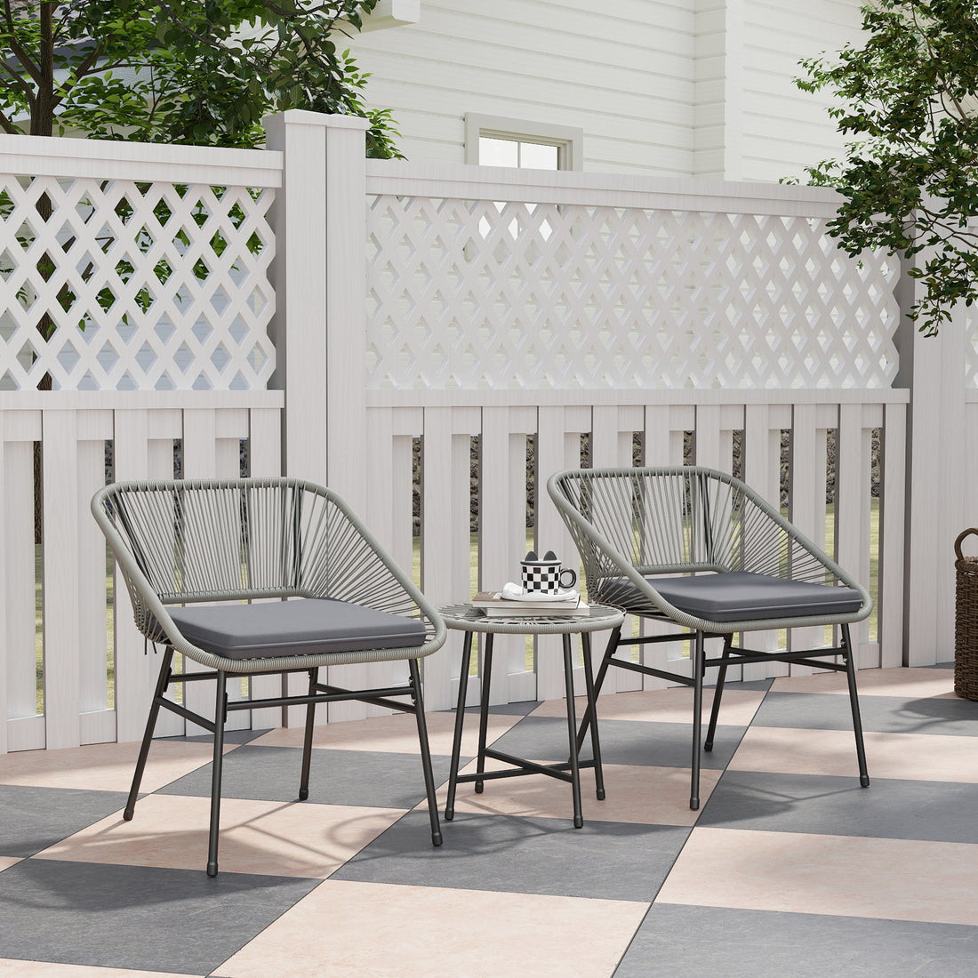 3 Pieces Rattan Bistro Set, Wicker Small Garden Table and Chairs Set with Cushions and Glass Top Coffee Table, Bistro Garden Furniture Set for Outdoor, Patio, Balcony, Light Grey