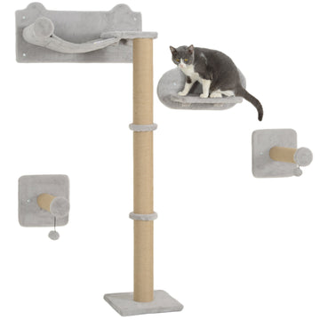 4-Piece Cat Shelves w/ Scratching Post, Steps, Jumping Platform, Ladder, Toy Balls, for Indoor Cats, Light Grey