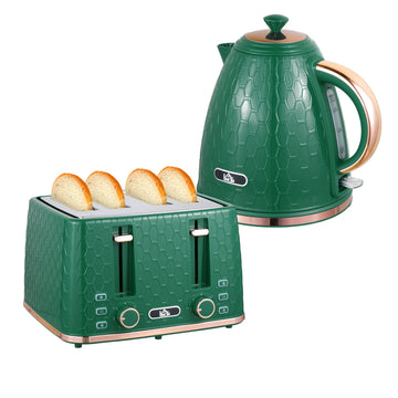 Kettle and Toaster Set, 1.7L 3000W Fast Boil Jug Kettle with Auto Shut Off, 4 Slice Toaster with 7 Level Browning Controls & Crumb Tray, Green
