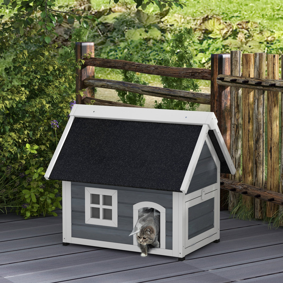 Outdoor Cat House, Wooden Feral Cat Shelter, with Openable Asphalt Roof, Three Doors - Grey