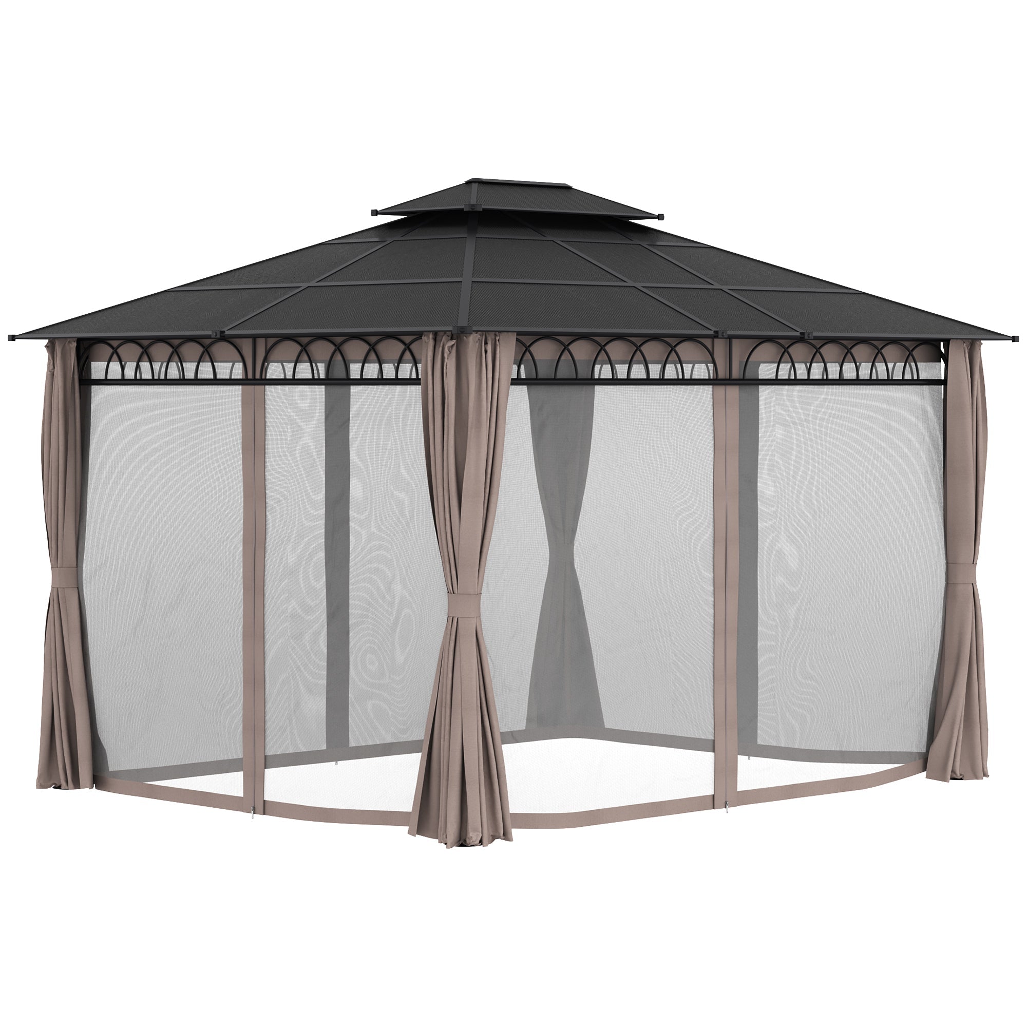 3.6 x 3 (m) Outdoor Polycarbonate Gazebo, Double Roof Hard Top Gazebo with Nettings & Curtains for Garden, Lawn, Patio