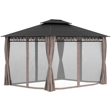3.6 x 3 (m) Outdoor Polycarbonate Gazebo, Double Roof Hard Top Gazebo with Nettings & Curtains for Garden, Lawn, Patio