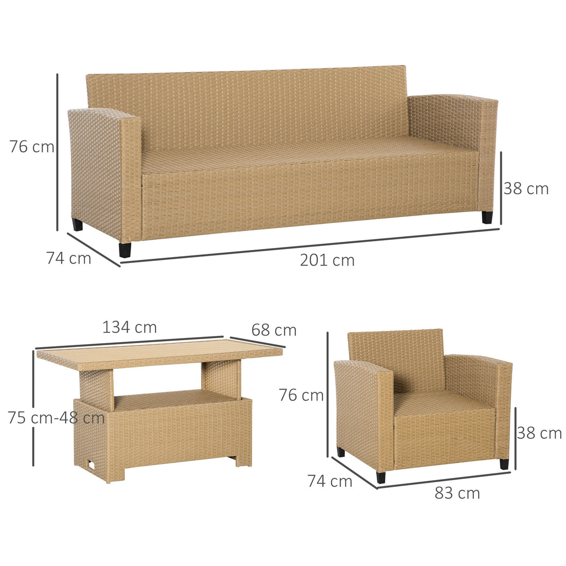 4 PCS Outdoor PE Rattan Sofa Set, Patio Twin Wicker Aluminium Frame Conversation Furniture w/ Adjustable Wood Grain Plastic Table-top Table & Thick Cushion for Garden, Backyard, Lawn, Khaki