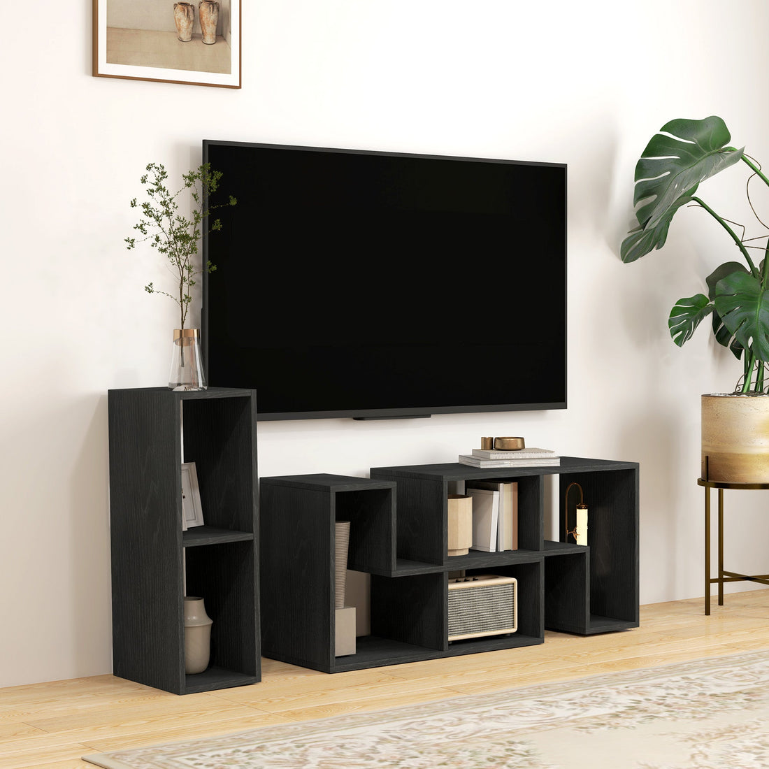 TV Stand for TVs up to 75 Inches, Free Combination TV Unit with Storage Shelves, Extendable Entertainment Centre for Living Room, Black Wood Grain