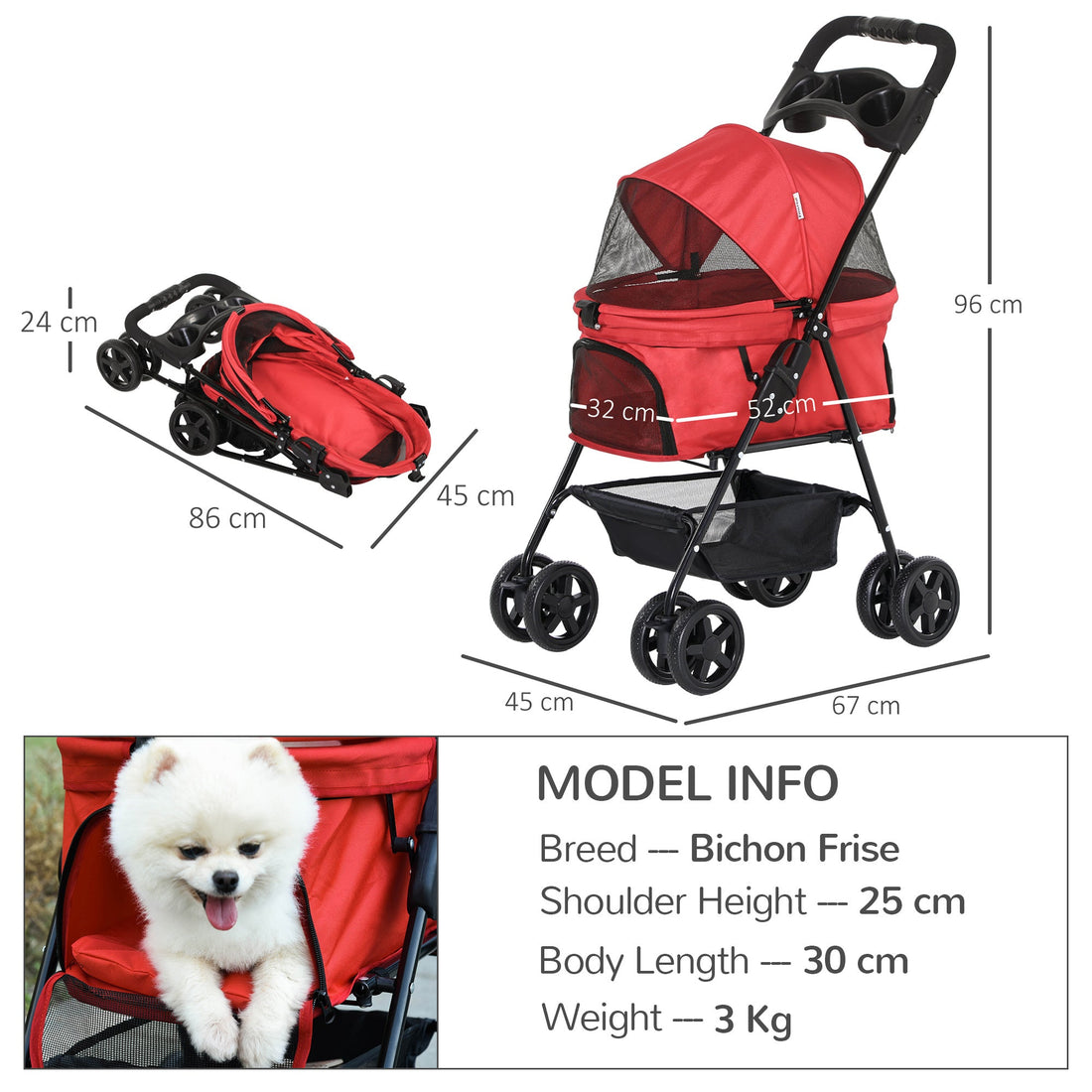 Dog Pram Dog Stroller Foldable Pet Pushchair with 4 Wheels, Safety Leashes, Cup Holder for Small Dogs, Red