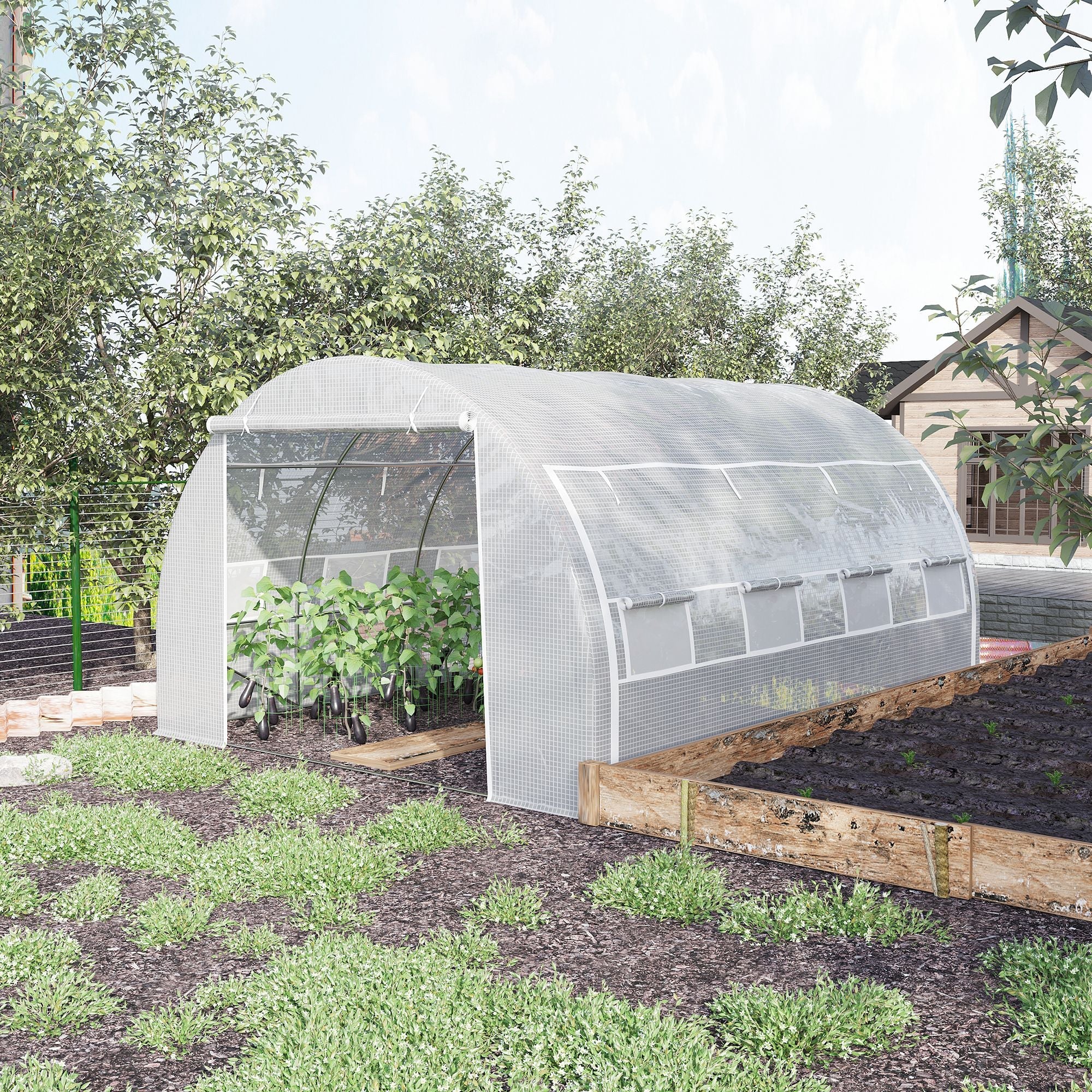 4 x 3 x 2 m Polytunnel Greenhouse with Roll-up Side Walls, Walk-in Grow House Tent with Steel Frame, Reinforced Cover, Zipped Door and 12 Mesh Windows for Garden, White