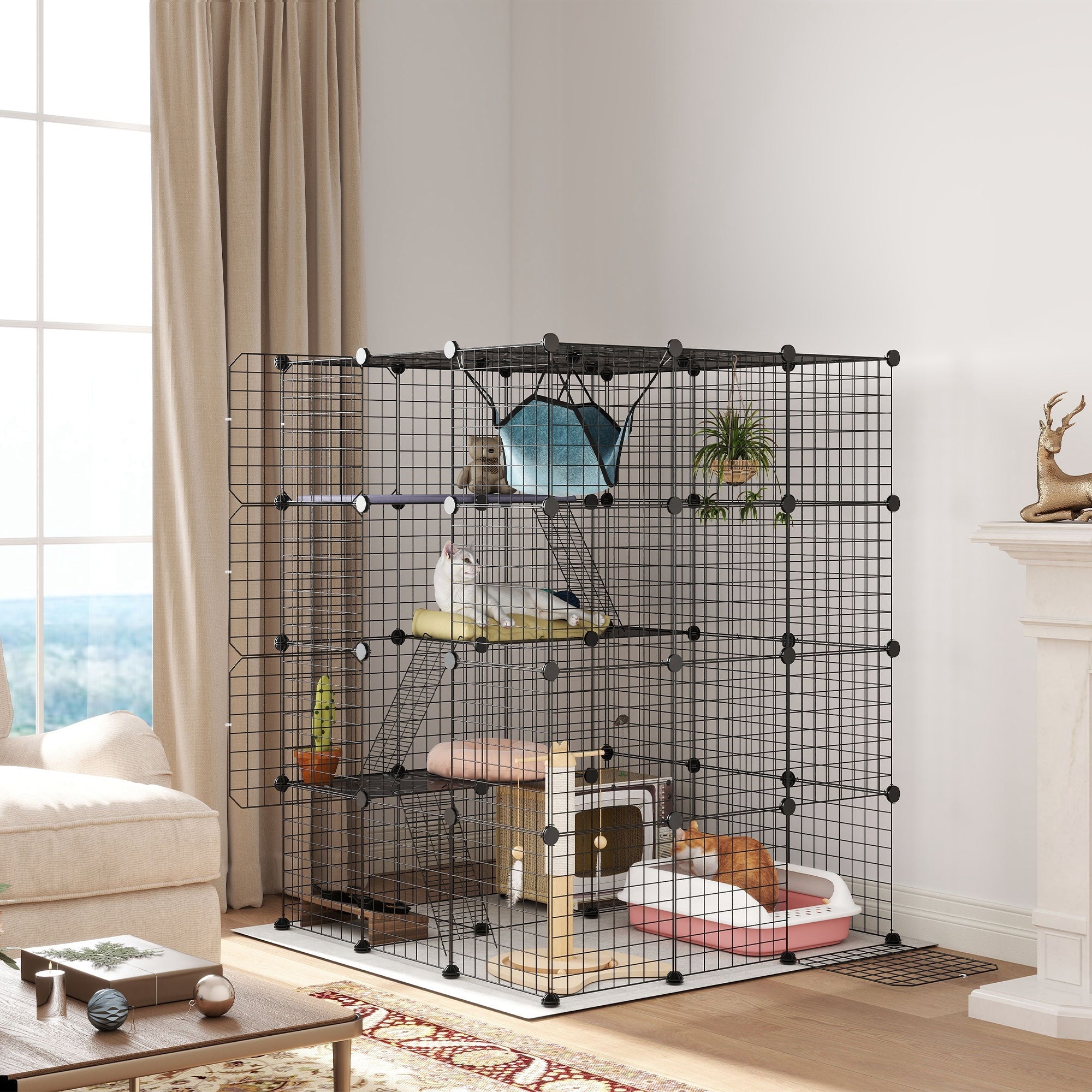 Steel Wire Cat Cage Indoor with Hammock, Ramps, Doors, DIY Cat Enclosure for 1-3 Cats, Black