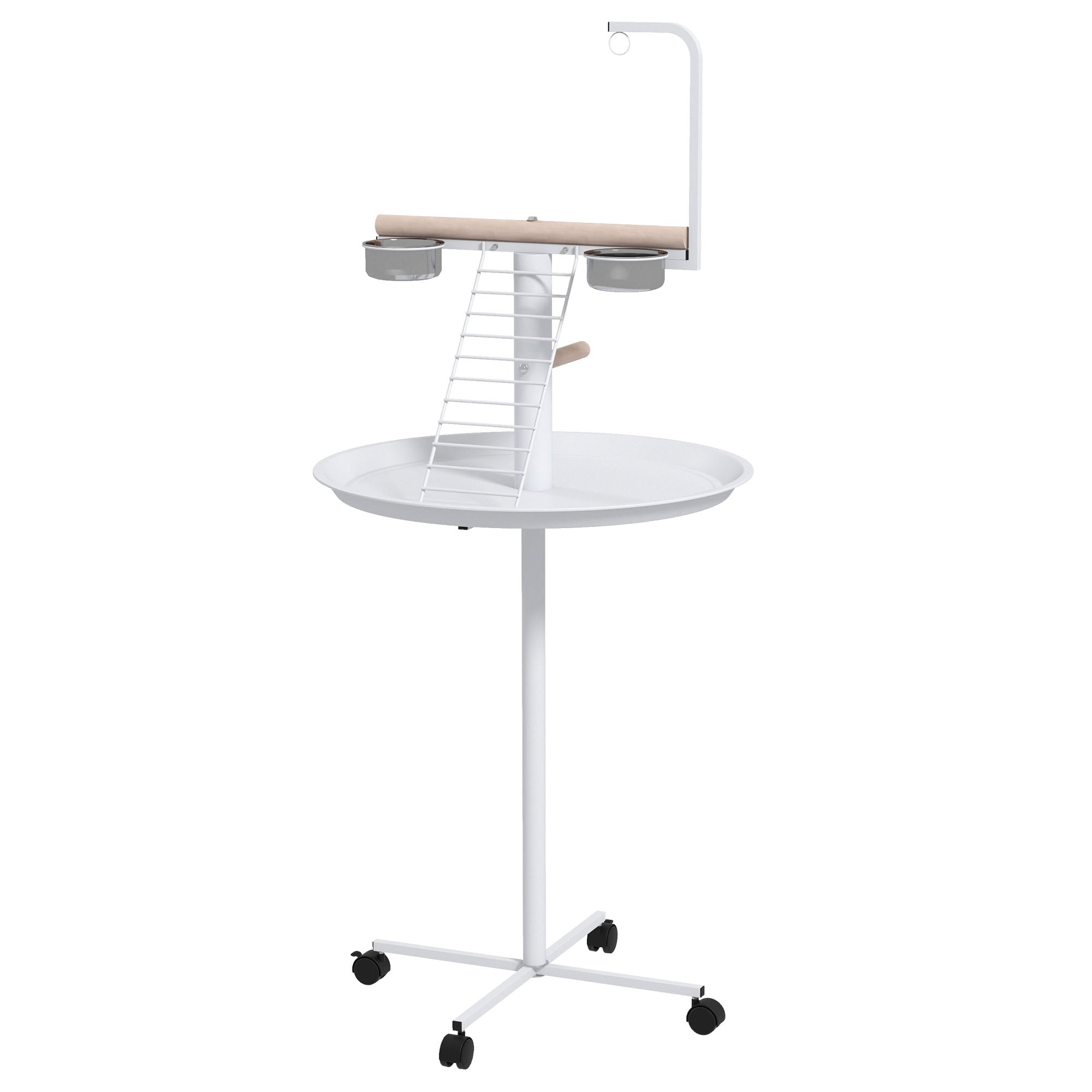 Bird Stand with Four Wheels, Perches, Stainless Steel Feed Bowls, Round Tray, for Garden, Indoor, Outdoor - White