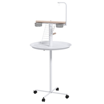 Bird Stand with Four Wheels, Perches, Stainless Steel Feed Bowls, Round Tray, for Garden, Indoor, Outdoor - White