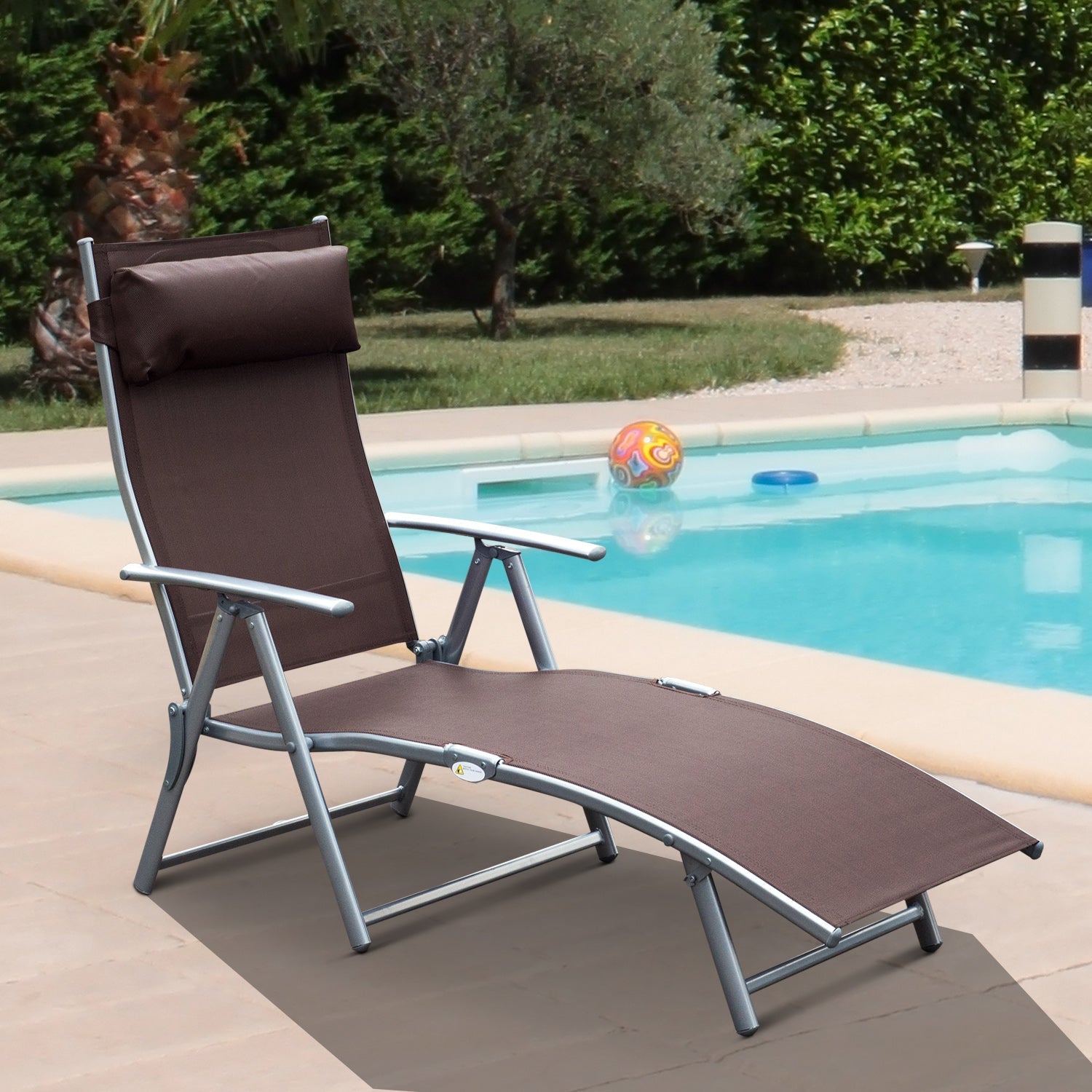 Sun Lounger Steel Frame Outdoor Folding Chaise Texteline Lounge Chair Recliner with Headrest & 7 Levels Adjustable Backrest, Brown