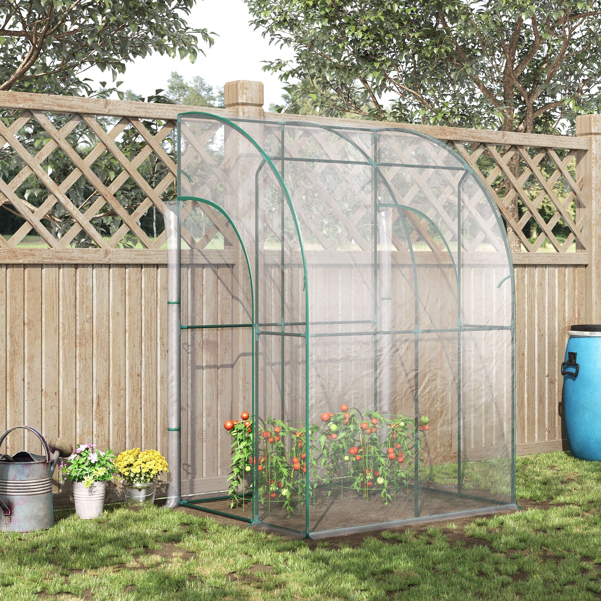 Outdoor Walk-In Lean to Wall Tunnel Greenhouse w/ Zippered Roll Up Door PVC Cover, Clear, Green 143cm x 118cm x 212cm