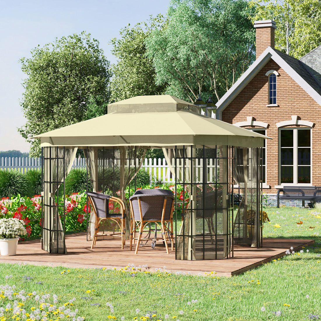 3.7 x 3(m) Patio Gazebo Canopy Garden Tent Shelter with 2 Tiers Roof and Mosquito Netting, Metal Frame, Beige