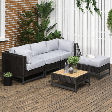 5 Piece Outdoor PE Rattan Corner Sofa Set with Cushions, Wicker Rattan Garden Furniture with Wood-Effect Top Table, Brown