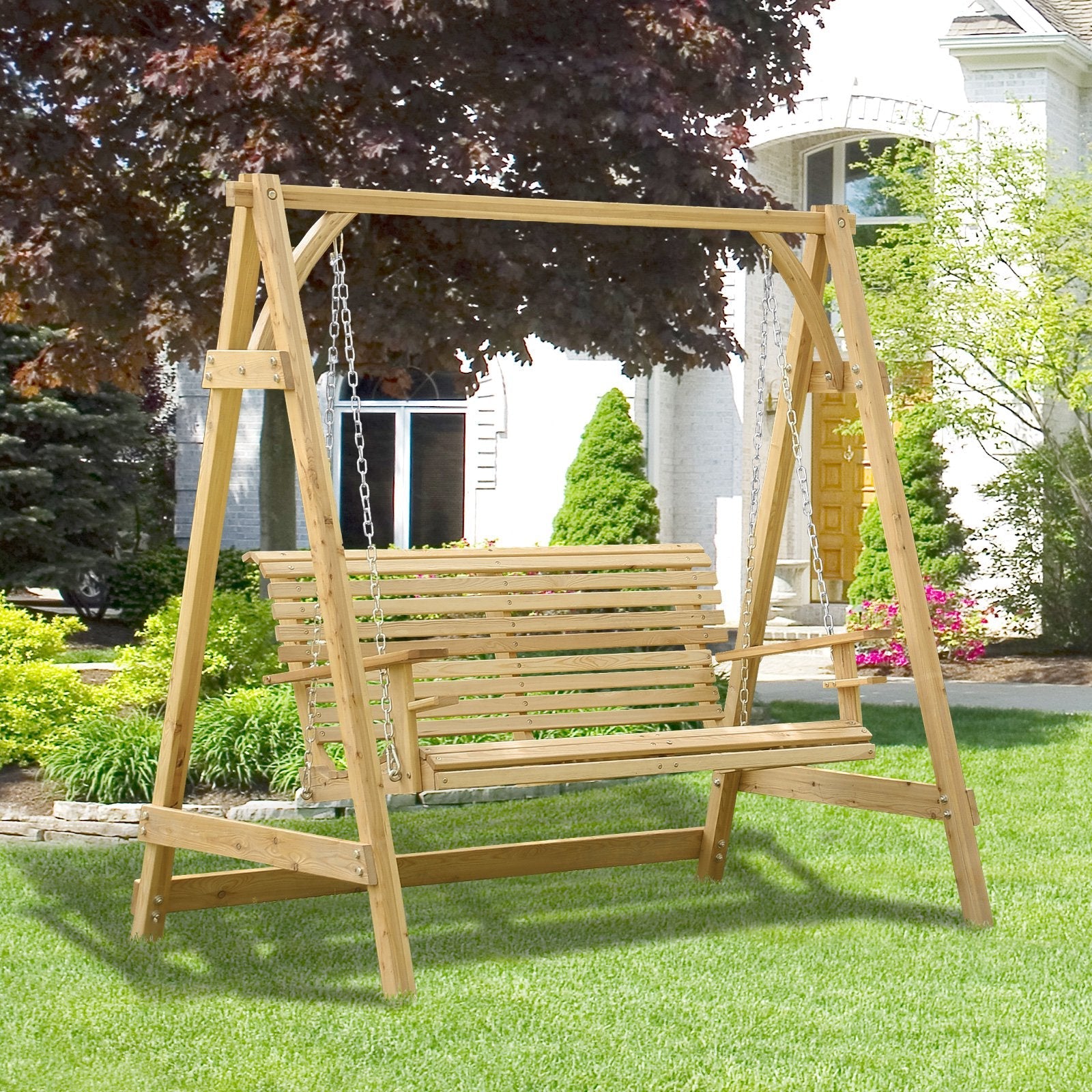 2 Seater Garden Swing Seat, Wooden Swing Chair Bench with Cup Holders for Outdoor Porch Patio, Natural