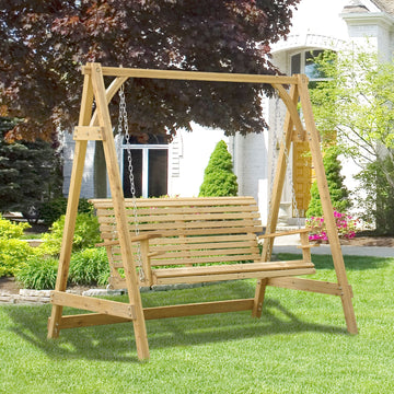 2 Seater Garden Swing Seat, Wooden Swing Chair Bench with Cup Holders for Outdoor Porch Patio, Natural