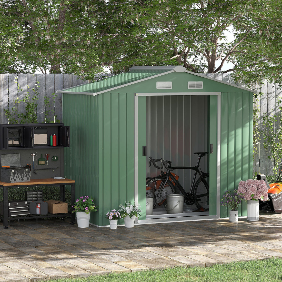 7 x 4ft Metal Garden Shed, Outdoor Storage Tool House with Ventilation Slots, Foundation Kit and Lockable Double Doors, Light Green