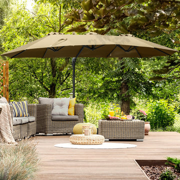 4.5 m Patio Parasol, Large Double-Sided Rectangular Garden Umbrella with Crank Handle, 360° Cross Base for Bench, Outdoor, Khaki