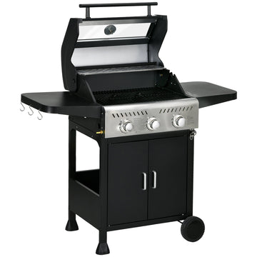 9kW Three-Burner Gas BBQ Grill, with See-Through Lid - Black