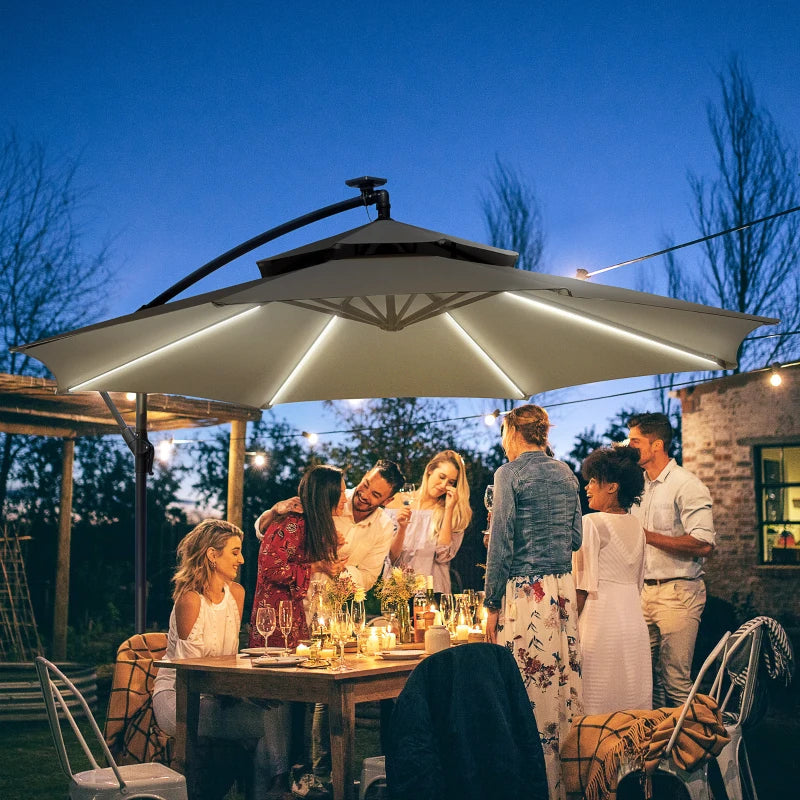 3(m) Cantilever Banana Parasol Hanging Umbrella with Double Roof, LED Solar lights, Crank, 8 Sturdy Ribs and Cross Base for Outdoor, Garden, Patio, Light Grey