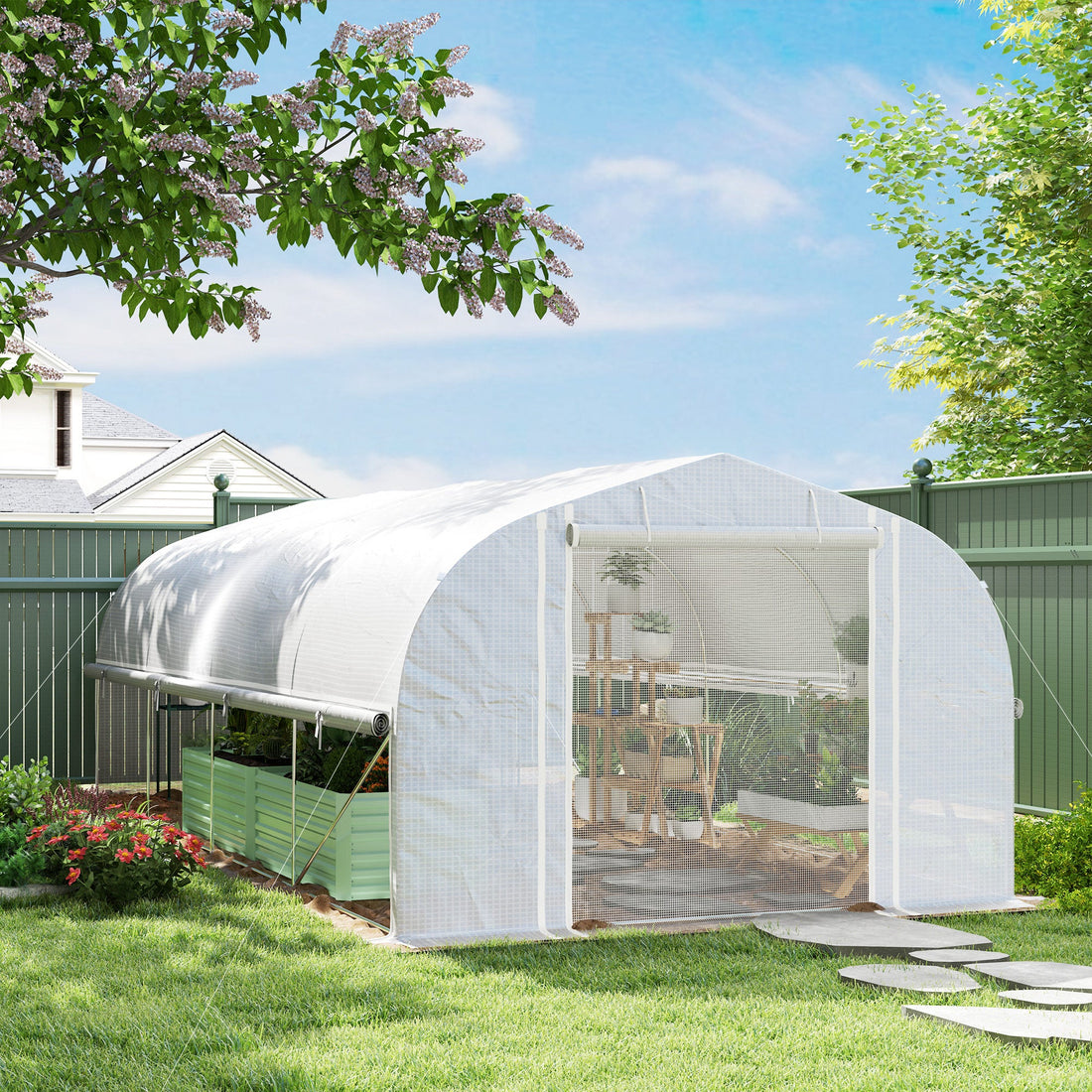 6 x 3 x 2m Walk-in Polytunnel Greenhouse, Zipped Roll Up Sidewalls, Mesh Door, 8 Mesh Windows, Tunnel Warm House Tent with PE Cover, Complimentary Plant Labels and Gloves, White