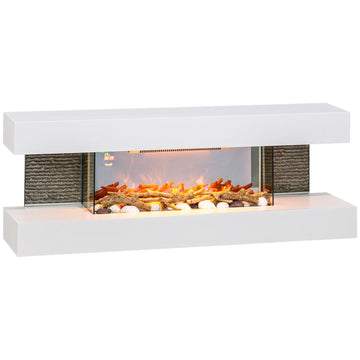 47inch / 120cm Electric Fireplace Wall Mounted, Freestanding, Glass Electric Fire Suite with Mantel, Adjustable LED Flame Effect and Temperature, Log, Pebble, Remote Control, 2000W, White